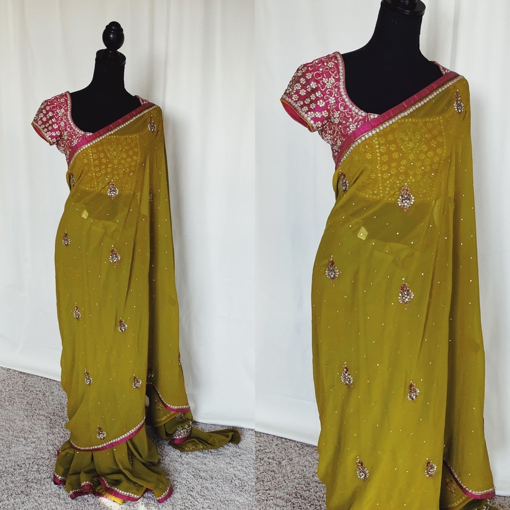Green/Hot Pink Saree